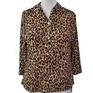 212 Collection Womens XL Leopard Print Button Down Top Polo Animal Print
